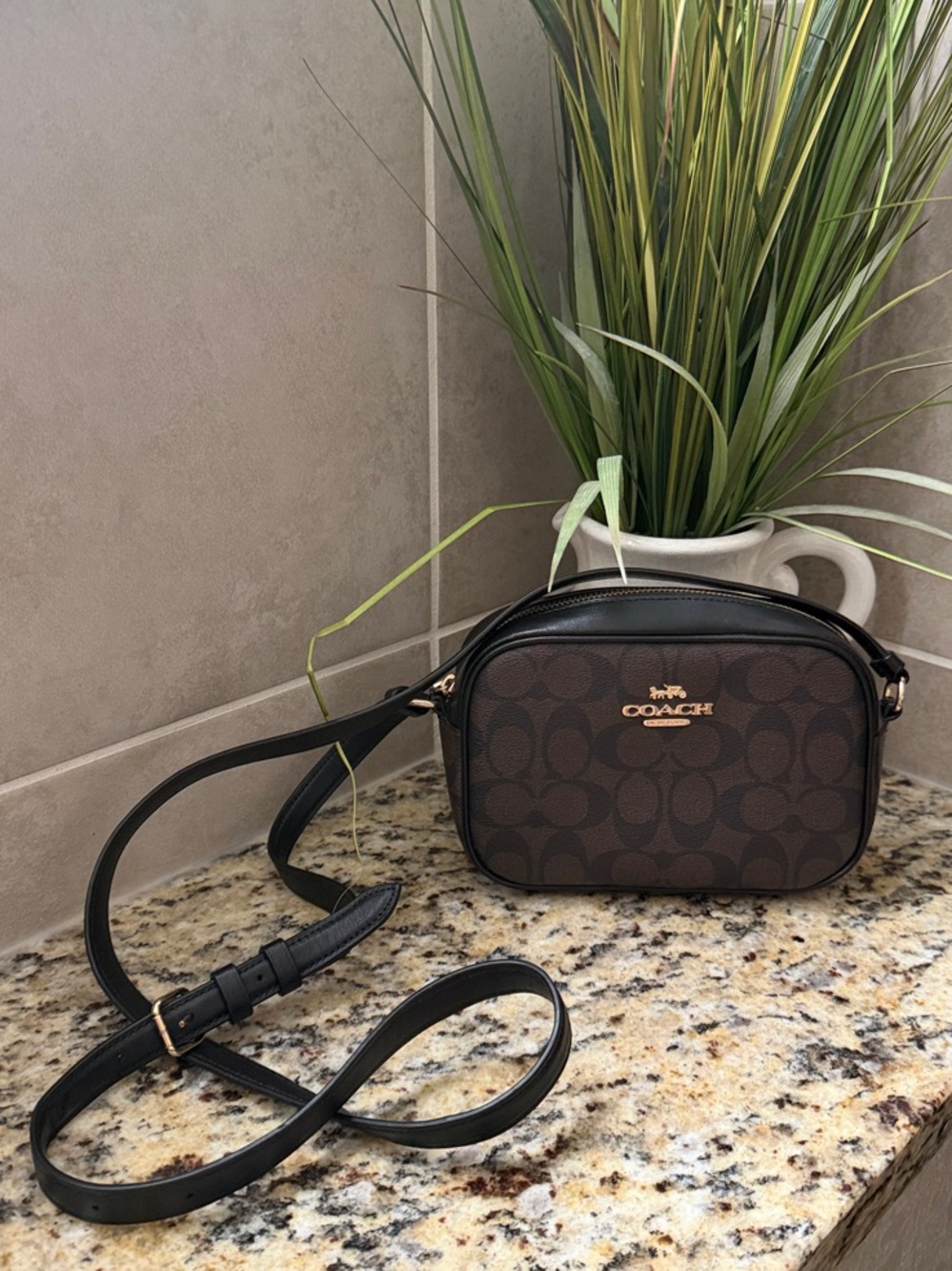 Coach Dark Brown Signature Crossbody with Black Strap